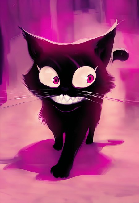 masterpiece,darkred theme, no humans, cat, The most striking feature is the face's wide, exaggerated grin,cute, featuring a row of sharp, white teeth that form a zigzag pattern, giving it a menacing yet playful appearance, animal, animal focus, shadow, black cat, Purple background
<lora:Maid Magic_Furry-V1:0.8>