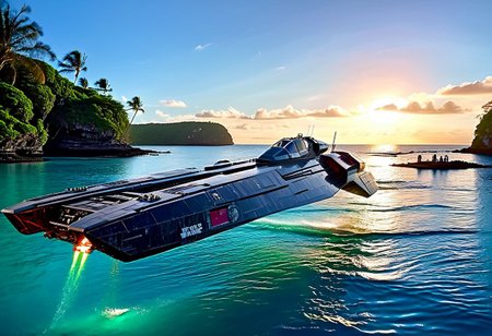 photograph, angled (Star Wars:1.3) (WipEout anti-gravity craft), (split-front:1.3), flare, landing in the waters of a lagoon, tropical island, blue sky, sunset, sharp, high detailed, realistic, sleek, scifi, futuristic, science fiction, sharp focus, masterpiece, best quality