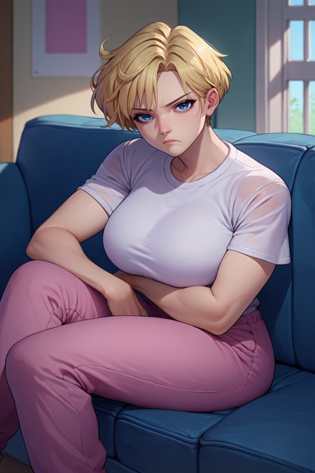 score_9, score_8_up, score_7_up, score_6_up, source_anime, 1girl, solo, <lora:sailoruranus-pdxl-nvwls-v1-000005:1> slrua, blonde hair, short hair, blue eyes, white t-shirt, big breasts, pink pants, indoors, sitting, couch, from side, looking at you, bored