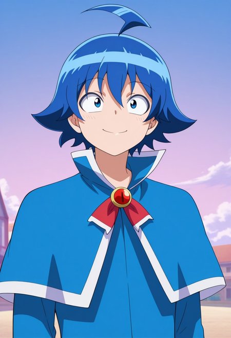 masterpiece,best quality,amazing quality, source_anime,
IrumaSuzuki, 1boy, male focus, solo, blue eyes, blue hair, ahoge, school uniform, jacket, blue jacket, capelet, brooch, bow, smile, portrait,
outdoor, sky, day, clouth,
