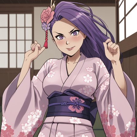 <lora:VampbladePurple_pony_v1:1>KatiePurple, 1girl, purple hair, long hair,  medium breasts, cowboy shot,, japanese clothes, kimono, hair ornament, blush, hair flower, pink kimono, sash, obi, floral print, wide sleeves