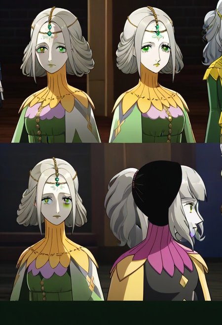 source_anime, 1girl, white skin, grey hair, forehead tattoo, green eyes, green lips, hair decoration, head chain, wrinckles, high yellow collar, medieval dress, white and green dress,<lora:Joanna_-_Metaphor_ReFantazio_-_Pony:1>