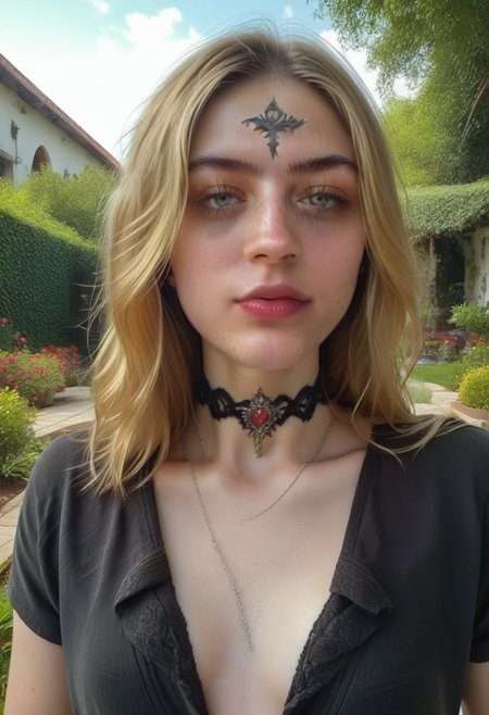 score_9, score_8_up, score_7_up, andrea, solo, 1girl, (tight shirt), braless, breasts apart, small breasts, garden, outdoors, choker 
bela, 1girl,  blonde hair, , jewelry, long hair, necklace, , looking at viewer