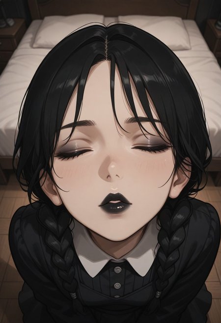 masterpiece, by piaki,  best quality, very detailed, 
1 girl, wednesday addams, black hair, black lipstick, goth, black dress, twin braids, closed eyes,
indoor, bedroom, 
Close-up, mouth focus, very close-up, lip gloss, glossy lips, extremly close-up, high angle, from above, kissing face, imminent kiss,