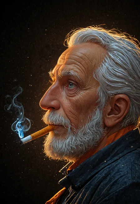 An Oldman, smoking cigarette, translucent, vibrant, extreme detail, night, rim lighting, black gradient bokeh background, blue/orange tones, glow, 8k  <lora:sss:1>, oil painting art style, rich colors, lush textures, expressive brushwork, blendable layers, dynamic compositions, professional-grade finish, versatile medium, timeless elegance, immersive depth, vibrant hues, intricate detailing, adds depth and dimension, Magic realism painting art style, surreal compositions, vibrant colors, blurs the line between reality and fantasy