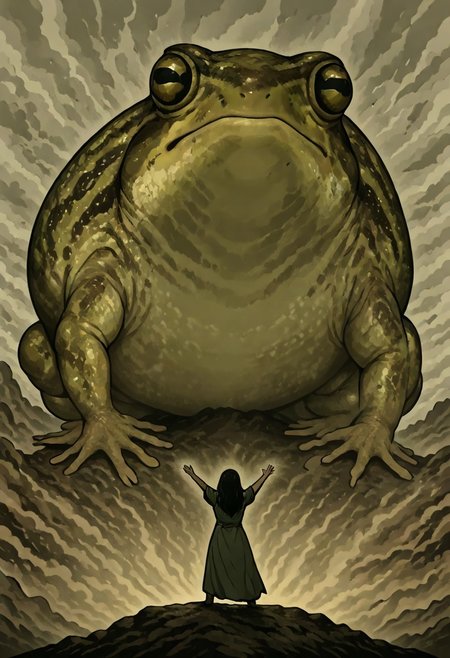 masterpiece, best quality, newest, absurdres, highres, anime, anime style, 1girl, SGV1.0, outstretched arms, 
from behind,
DRFTPFV1.0, frog, desert rain frog, african rain frog, animal, animal Focus, oversized animal, gaint, giant, size difference