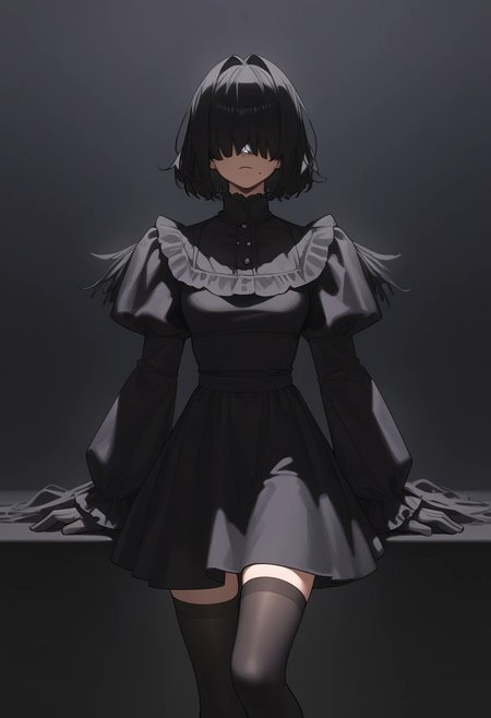 masterpiece, best quality, black blindfold, covered eyes, mole under mouth, clothing cutout, long sleeves, puffy sleeves, juliet sleeves, feather trim, black thighhighs, black gloves, black dress, black skirt,  <lora:Abbystea_Style_LoRA_XL:1>, abbystea style