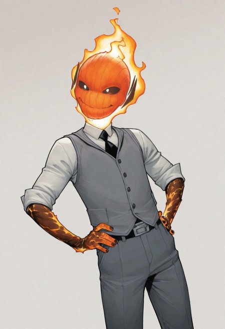 masterpiece, absurdres, high quality, perfect anatomy, 1boy, solo, cute boy, male focus, doyle, Orange Fire, Black Scelera, colored scelera, white shirt, grey vest, belt, sleeves rolled up, smug smile, hands on hips, cinematic, intricately detailed illustration, depth of field, masterpiece, best quality, amazing quality, very aesthetic, absurdres, newest, very awa,  shadow, dynamic angle, casual cosplay, dynamic pose, simple background,