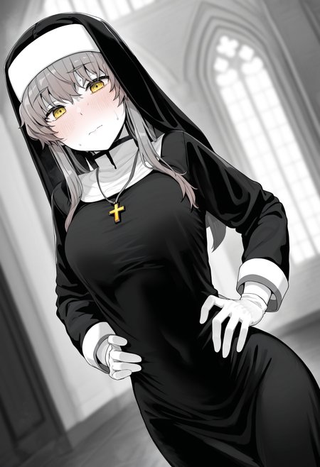 masterpiece,best quality,amazing quality,
1girl, nun, amane suzuha, yellow eyes, white gloves, hat, sweat, habit, long sleeves, dress, breasts,
hands on hips,
looking at viewer, blush, closed mouth, spot color,limited palette, monochrome, dutch angle,
<lora:Kindatsu_epoch_10:1>