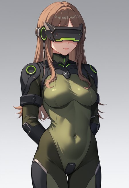score_9, score_8_up, score_7_up, source_anime BREAK 1girl, solo, <lora:massproduced-nikke-richy-v1_pdxl:1> mssprd, head-mounted display, covered eyes, brown hair, long hair, green bodysuit, standing, closed mouth, breats, covered navel, arms at sides