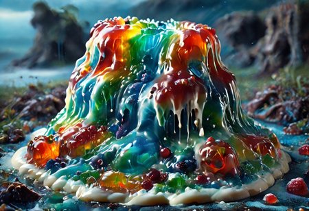high quality, (Domination of the blue color:2), Jellystyle, stone bridge<lora:bad_prompt_version2-neg:1> <lora:By bad artist -neg:1>  <lora:Jelly_Style:1> (rainbow color grading:1.5). (Icing milk:2). (Sugar coating :1). berry made of jelly. River of milk. ais-chocsauce Mountains. Crystallized Sugar Rain. The floor is covered with honey. Multi-colored Jellystyle bears.
(Fish) Made of gum with glowing precious stones is shown into the jello realm. From the right of the frame, the Jellystyle bears.
CastleBreizh XL Mk8 on the left.
Asymetric composition, dynamic pose, field of depth, grass in the foreground. Close-up view from below.