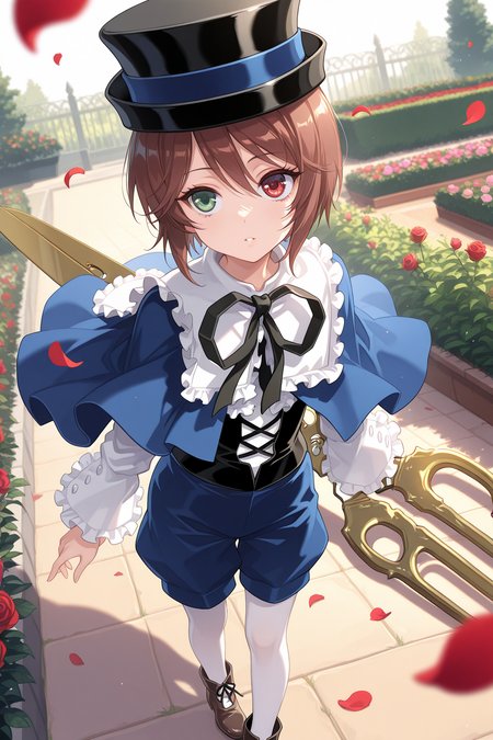 1girl, SouseisekiRozenMaiden, 
general, solo, dynamic angle, from above,
eyelashes,
top hat, kodona,
frilled shirt collar, neck ribbon, blue capelet,
white shirt, long sleeves,
black corset,
blue shorts, white pantyhose, 
standing, looking up, parted lips,
scissors, oversized object, 
outdoors, garden, rose, petals, depth of field,
<lora:kp_SouseisekiRozenMaidenIllustrious_v1_0:1.0>,
masterpiece, best quality, amazing quality