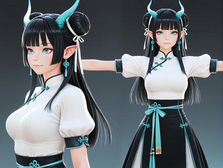 reference sheet,concept art,
1girl, t-pose,
 long hair, blue eyes, black hair, aqua eyes, happy, closed mouth,medium breasts, hair bun, double bun, horns,blunt bangs,bend over, shirt, skirt, long sleeves, ribbon, jewelry, white shirt, short sleeves, earrings, pointy ears, black skirt, puffy short sleeves, chinese clothes, 
3D, Realistic, ayn0_st
,masterpiece,best quality,amazing quality,   <lora:Detail_Enhancer_3D_Render_StyleAyanna_AI_ILLUST-000013:1>