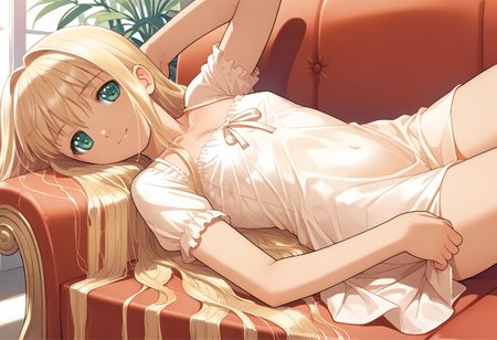 hortensia,score_9,score_8_up,score_7_up,source_anime,best quality,masterpiece,illustration,8k,smooth_lines,1girl,solo,smile,(small_chest),relaxing,(very_long_hair:1.0),white_long_sundress,lying_on_sofa,barefoot
