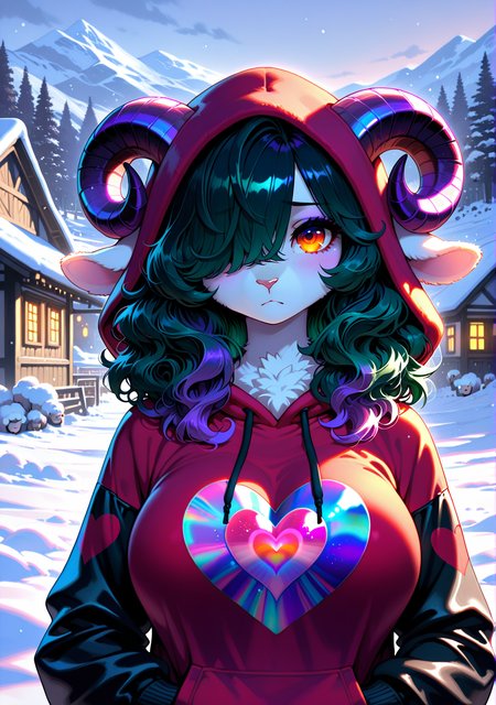 masterpiece,best quality,amazing quality, FMIXF2, female furry, solo,body fur, sheep, long ears, sheep horns, upper body, (medium hair, bangs, hair over one eye, wavy hair, fluffy hair, dark green hair, purple highlights:1.3), (orange eyes, gradient eyes:1.2), looking at viewer, sad, frown, snow, village, outdoors, large breasts, (heart print, iridescent heart, print hoodie, black sleeves, red hoodie:1.3), hands in own pocket