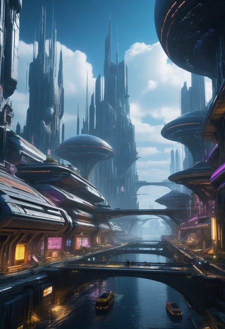 Midnighty, small colorful scifi future city, 
score_9, score_8_up, score_7_up, score_6_up, score_5_up, score_4_up, UHD, 8K, masterpiece, detailed, ultra_high_resolution, lots of detail, OverallDetailXL, detailxl, Sci-fi Environments, epiCPhotoGasm-colorfulPhoto, water dress.