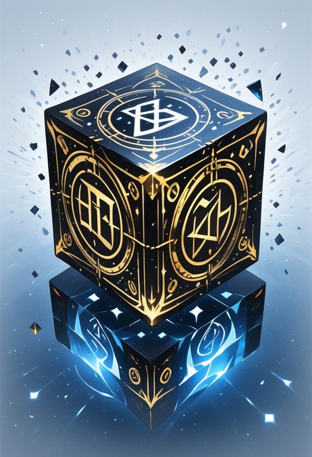 (masterpiece), best quality, Anime, Illustration, (Floating Cube, Crystal, Magic, Reflection), White Background, No Humans, Starry Theme, (Ancient Runes, Glowing Runes, Light Refraction), Black and Gold Theme, Natural Lighting, Verynsty