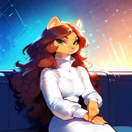 score_9, score_8_up, score_7_up 
   , masterpiece, beautiful,
Erma Felna,furry female, animal ears, catgirl, green eyes, long hair, brown hair, yellow fur,White dress, turtle neck, long sleeves ,futuristic background, sitting on bench,