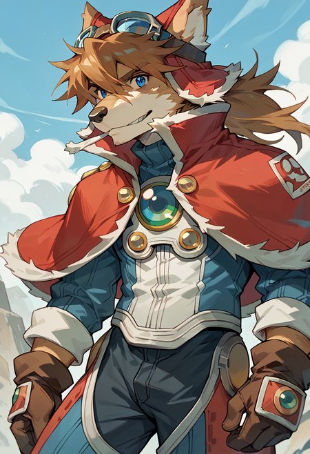 score_9, score_8_up, score_7_up, high res, best quality, red_savarin_solatorobo, furry, goggles, solo, 1boy, blue eyes, brown hair, gloves, capelet, <lora:Red_Savarin_Solatorobo:1>