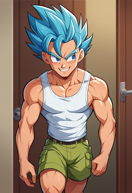 score_9, score_8_up, score_7_up,score_6_up BREAK ict style,nose lips,1boy, solo, male focus,walking, doorway, blue hair, spiked hair, super saiyan, blue eyes, white tank top, cargo shorts, v, light smile,no pupils,     <lora:ShaneGlinesPony:1>