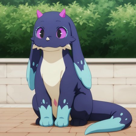 masterpiece, best quality, amazing quality,Feirunespdril, feral, female, earth wyrm, white nose horn, two-tone fur, dark blue fur, light blue fur, long ears, pink horns, purple sclera, black eyes, sitting, outside, full body,