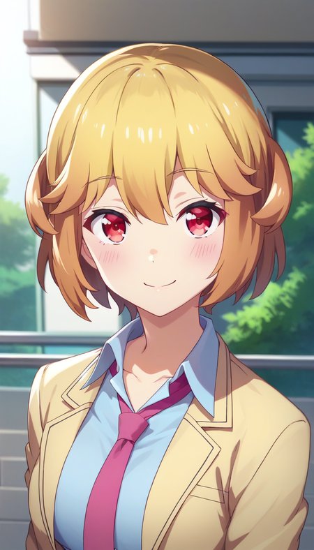 score_9,score_8_up,score_7_up,score_6_up BREAK official art,solo,outdoors,upper body,(portrait:1.5),looking at viewer,facing viewer,smile,blush,Karin Istel,short hair,blonde hair,hair flaps,hair between eyes,bangs,red eyes,collarbone,school uniform,yellow jacket,open jacket,blazer,pink necktie,collared shirt,white shirt,long sleeves,medium breasts,skindentation,miniskirt,brown skirt,pleated skirt,black pantyhose,loafers,brown footwear,<lora:Karin Istel(rf)-Pony:1.4>,