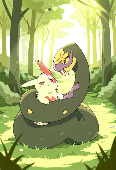 (masterpiece, best quality, high quality, highres), very awa, highres, absurdres,
chii-kun \(seedyoulater\), naguru \(cyoroama\), 
(no humans:1.1), (cute:1.2), comfy, duo, 
pokemon, pokemon \(species\),
Zangoose bound by snake, wraped,
cosy, meadow, forest, day, sunlight, sun rays,