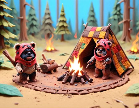 Two Ewoks trying to build a tent. Tiny campfire.
<lora:ptchkrawk:1> ptchkrawk
<lora:FigureXL:0.5> figurine
<lora:novuschroma53 style:1> novuschroma53 style
<lora:Murderbears_In_Space_SDXL:0.8> ewk