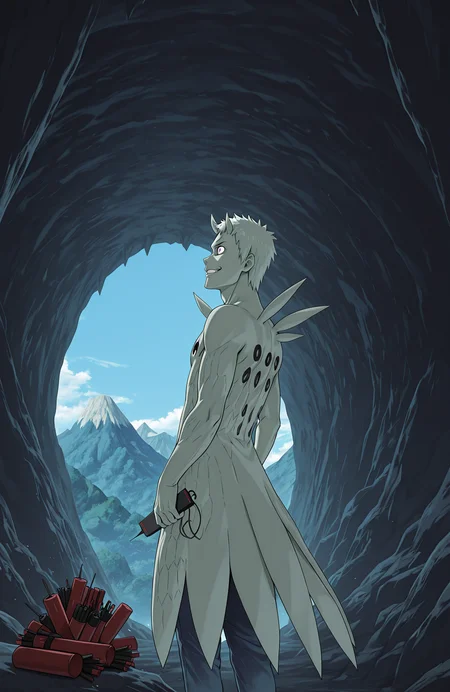 from behind, from side, wide shot, evil grin, wide-eyed, jeans, outdoors, mountain, cave, dynamite, detonator, blue sky, r50_ob1t0, rinnegan, sharingan, 
masterpiece, best quality,
<lora:Juubito_X6E13:1.0>