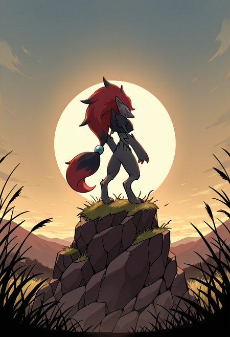 masterpiece, best quality, no humans,    <lora:ZoroarkPokedex_IXL_v1:1.0>,   zzZoroark, cliffside at sunset, silhouette pose, high winds, tattered grass, golden light streaking the sky â Perched on the jagged edge of a windswept cliff, zzZoroark stands tall in silhouette against the amber blaze of sunset. The wind tears at the grass and ruffles the tufts of fur around its neck as the last light glints off distant waves far below. (looking at viewer),