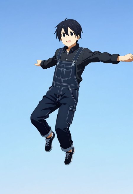 high resolution, professional photography, best quality, 1Boy, Kirigaya Kazuto, Black Hair, Black Eyes, overalldetail, jump, free, clear sky