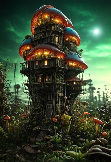 Bf-style, A translucent dark-red-green beautiful Nature mushroom House resembling a towering skyscraper with complex system equipment like a hyper detailed wired-cyborg, volumetric lighting, ultra detailed, deep Blacks, very detailed, atmospheric haze, Film grain, cinematic film still, shallow depth of field, highly detailed,