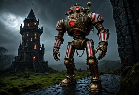 giant bipedal robot brass and dirty red/white candy striped paint, bronze paisley robot. lacy robot metal. diving helmet torso head. outside of a steampunk keep. large detailed torso. dark image. one forty foot tall ancient robot with great arms and two heavy spring legs. dark foggy night background. $dark foggy night image only. dark photo realistic image. steampunk details. cogs, chains and pipes incorporated in the fantasy buildings. magic wizards tower in background. Dark swamp, moss, castle ruins, wizards tower. stormy dark night. stormy sky. rain.