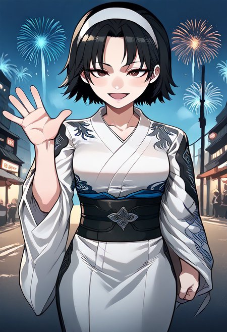 score_9, score_8_up, score_7_up, score_9, score_8_up, score_7_up,Masterpiece,HD,(((HD quality))), (((ultra quality))), hyper ultra detailed, hyper ultra quality, chibi,
street background,technology street,futuristic background,fireworks,
1girl, smile, open mouth, blushing cheeks,
waving hand, waving hand,open eyes,
perfect hands, 5 fingers,
BREAK
jun kazama, jun kazama \(tekken\), belt,  
short hair, black hair, 
hairband, black brown eyes,
kimono, white kimono,