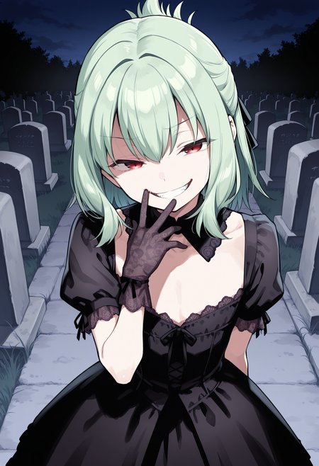 <lora:otoritanillustr:1>, 1boy, trap, side locks, medium hair, light green hair, red eyes, otoritan1, flat chest,
solo, night, graveyard, evil smile, looking at viewer,
Gothic dress, ruffles, lace, lace gloves,
masterpiece,best quality,amazing quality,