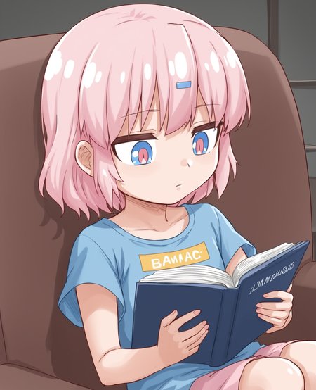 <lora:Bianca:1>, 1girl, bianca, pink hair, shord hair, indoor,  child, reading