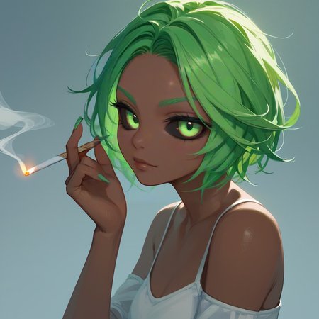 score_9, score_8_up, score_7_up, PDXL, <lora:ProfPic-000001:1>, pr0fpic, portrait, 
1girl, cute face, detailed eyes,  black sclera, green eyes, green hair, dark skin, looking at the viewer, smoking a cigarette