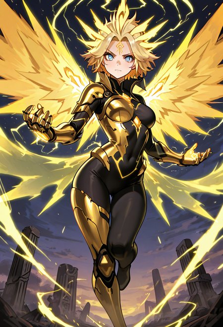 masterpiece, best quality, 1girl, solo,     zzZapdos, (detailed face, dynamic pose, foreshortening, face focus),  asymmetrical bodysuit, translucent cape, golden armor plating, electric gauntlets, high collar, stormy temple ruins, glowing runes, levitating pose, divine aura â Floating above ancient ruins, she radiates like a storm goddess reborn. Her asymmetrical bodysuit reveals one arm while the other is encased in a glowing electric gauntlet. A translucent cape flutters behind her, edged with gold circuitry, and golden armor plating reflects flashes of lightning overhead. The high collar of her suit gives her an imperial air as she levitates above cracked stone etched with glowing runes. Thunder rolls across the sky, resonating with the divine aura building around her, her expression serene and commanding.    ,,<lora:ZapdosPokedex_IXL_v1:0.8>,