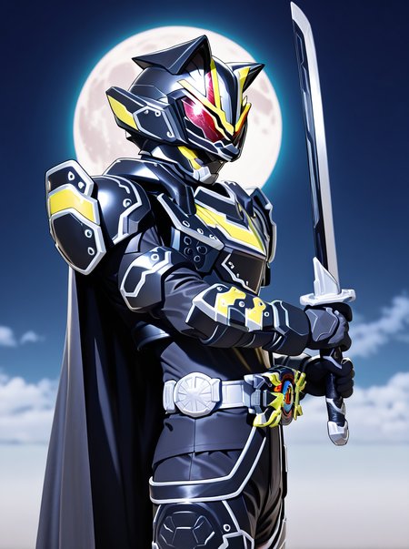 masterpiece, best quality, amazing quality, very aesthetic, absurdres, newest,, <lora:BujinTycoon:1>bujintycoon, male focus, solo, armor, weapon, sword, holding, belt, cape, holding weapon, tokusatsu, helmet, rider belt, red eyes, holding sword night full moon,  from side, looking at viewer,