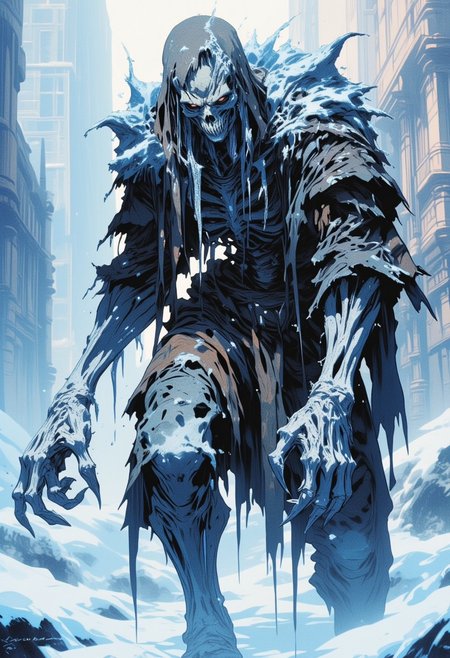 A clumsy walking skeleton undead, barely covered in tattered rags and encrusted with ice crystals, reaching out with bony claws, snow background