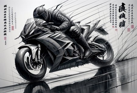 score_9, score_8_up, score_7_up, score_9, <lora:cllgrphy_pdxl_EliPot:1> monochrome, chinese text, 
 motor vehicle, motorcycle helmet, on motorcycle, traditional chinese text, armor, male focus, 1boy, riding, boots, knee pads, spot color, speed lines, 1other, biker clothes, gloves, motion blur, ambiguous gender, from side, white background, full body, reflection, simple background, sitting, covered face, dutch angle, bikesuit
