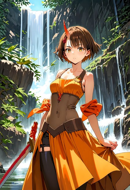 (score_9,score_8_up,score_7_up,score_6_up,score_5_up,score_4_up, source_anime:1.2), (anime: realistic :0.7), (1girl, Androssi:1.3), (short hair, brown hair, skincolored single horn, small horn:1.2), yellow eyes, medium size breasts, black battle dress, sword, outdoors, wind, facing viewer, detailed background, waterfall, perfect lighting ,
 <lora:androssi_v10-000008:1>