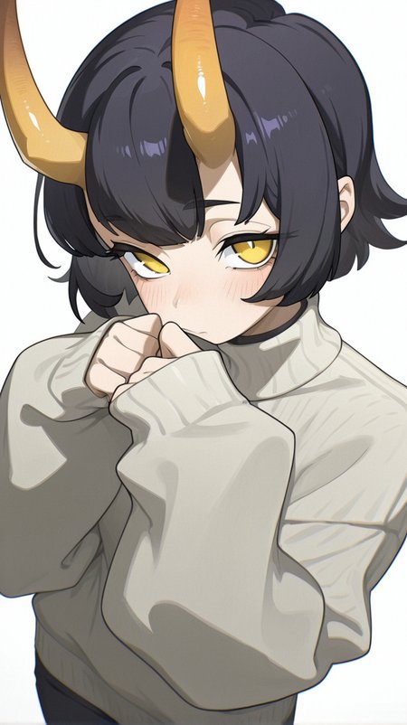 1girl, solo, looking_at_viewer, blush, short_hair, bangs, simple_background, black_hair, long_sleeves, white_background, closed_mouth, yellow_eyes, cowboy_shot, horns, sweater, sleeves_past_wrists, turtleneck, oni_horns, oni