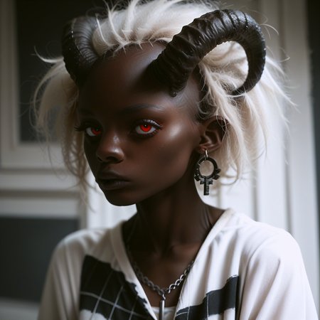 score_9_up, score_8_up, score_7_up, 
1girl, solo, <lora:bdemonpony011:1>, colored skin, pale skin, black skin, black hands, black feet, red eyes, black iris, monster girl, skinny, slim, horns, white hair,  
chain necklace, cross necklace, bracelets, white shirt and plaid skirt, 
indoors, dark black room, music decorations, 80's punk style, solo,  <lora:Skin Color_alpha1.0_rank4_noxattn_250steps:2.0>