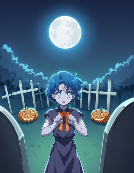 score_9, score_8_up, score_7_up, source_anime, <lora:ami-mizuno-eternal-movie1-ponyxl-lora-nochekaiser:1>, ami mizuno, blue eyes, blue hair, short hair, parted bangs,, <lora:zombie-ponyxl-lora-nochekaiser:1>, zombie, colored skin, stitches, grey skin, multicolored skin, stitched face, zombie pose, halloween, halloween costume,, night, moon, graveyard, tombstone, grave, open mouth,, looking at viewer