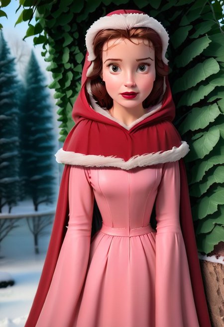 Raw photo, original style, very detailed face features,  Belle, behind a tree, removing her hood, rose dress, red cape, fluffy white fur edges