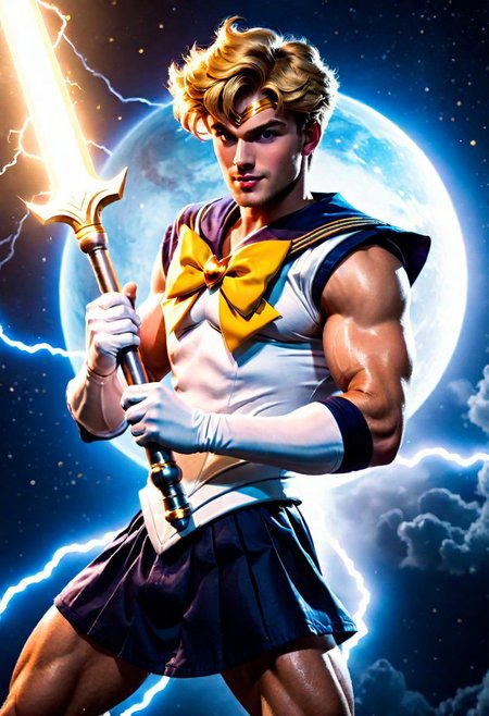 League of Legends, 1male, male focus, riot style, digital art, concept art, realistic, fantasy, 4k, best quality, masterpiece, extremely detailed, very detailed face, very detailed eyes, dynamic angle, seen from the above, dynamic pose, 3D, vintage sci fi poster of a muscular male, MAN, MALE, tall, handsome, stunning, dark blonde, medium hair, emo hair, round face, huge plumped lips, big lips, blushed, videogame eyes, beard, man only, mysterious, strong, smirking, wearing a sailor uranus dress, sailor senshi uniform, holding a sword, flying in space, surrounded by lightning, yellow bow, (cinematic light, volumetric), Cinematic Shot, splash art