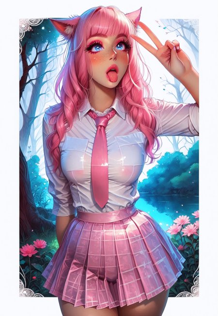 safe_pos, score_9,score_8_up,score_7_up,score_6_up, Goth girl 1girl, Goth girl, miqo'te, FemmeMiq, cat girl, cat ears, animal ears, animal ear fluff, ((woman with long pastel pink hair)), voluptuous hair in two pony tails over shoulders, bangs, freckles, cleavage, bold makeup, pink lips, pastel pink eyeshadow, long eyelashes, pink eyeliner, pink eye shadow, pink blush, ((large expressive blue eyes)), hourglass figure, medium breast, perky breast, perfect round ass, long eyelashes, dark pupils, high contrast shadows, high res image, masterpiece, dynamic shot, <lora:Expressive_H:0.65>, <lora:incase-ilff-v3-4:0.5> <lora:g0th1cPXL:0.45>, <lora:princess_pony_v1:0.1> <lora:Branwen_QBR:0.7>, high gradient eyes, eyesHD, dynamic pose, dynamic, detailed eyes, high definition eyes, amazing quality, wallpaper, egirlthot, fairytale forest, ambient lightning, flowers of all kinds, magical atmosphere, Fantasy, hud_schgrl, white collared shirt, ((pink loose necktie)), ((pink pleated skirt)), open mouth, tongue out, peace sign