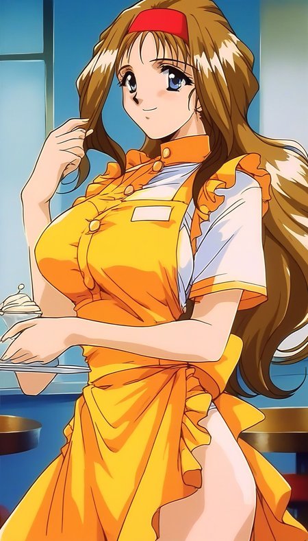 score_9, score_8_up, score_7_up, source_anime, rating_explicit, BREAK <lora:Kokubo_Reika_OVA_XL:1>Kokubo_Reika_OVA, brown hair, long hair, blue eyes, large breasts, 
1girl, solo, red hairband, waitress, Yellow bow, smile, orange apron, Yellow skirt,
restaurant, room,