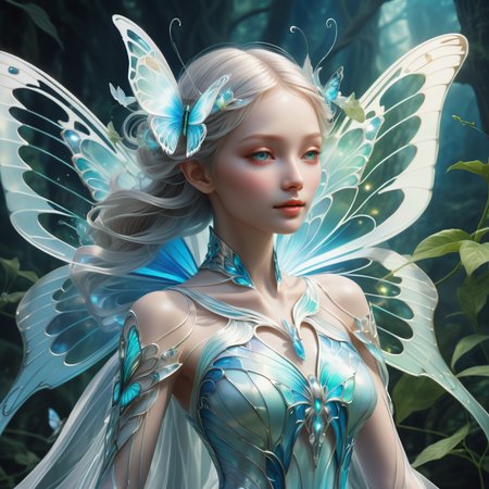 hyper detailed masterpiece, dynamic, awesome quality,sylph, elemental creature, associated with air and wind, graceful ethereal being, airy translucent appearance, delicate butterfly wings, humanoid, otherworldly aura, linked with wind,  elusive benevolent spirits of the air